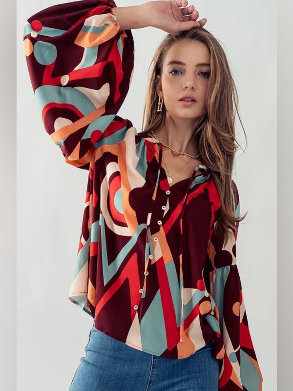 NEW Anthropologie August Sky Colorful Pattern Blouse w/Balloon Sleeves Sz Small
